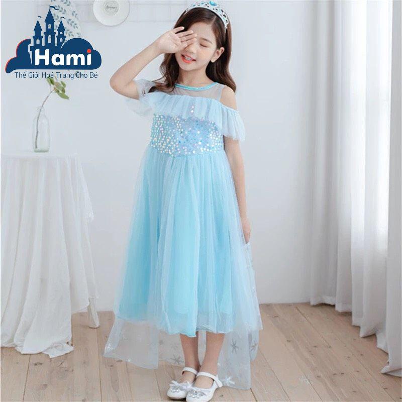 Đầm elsa đính kim sa tay ngắn màu xanh, màu hồng kèm tà tháo rời