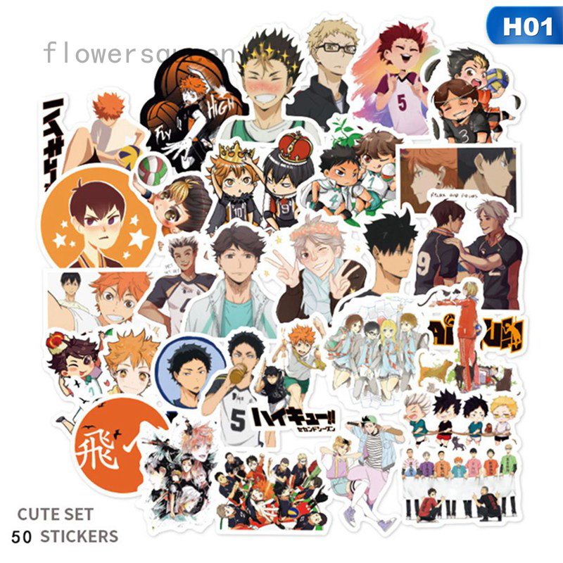 flowersqueen Bộ 50 Miếng Dán Pvc Chống Thấm Nước Họa Tiết Hoạt Hình Haikyuu
