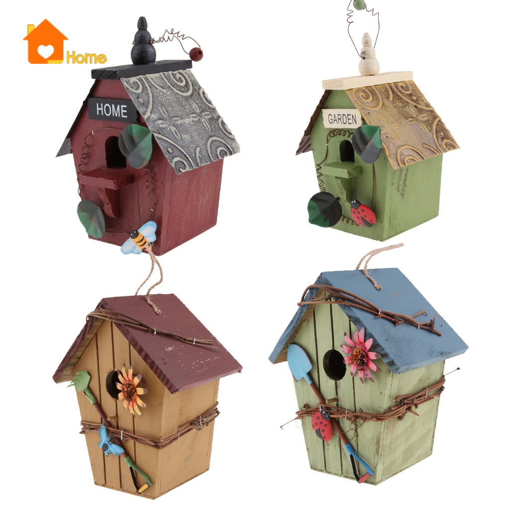 Set 4 Nhà Chim Bằng Gỗ Vẽ Tay Kèm Dây Đay Trang Trí Sân Vườn
