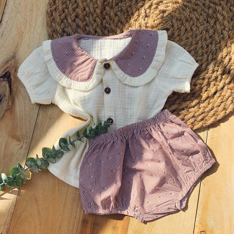 Bộ xô muslin phối caro cho bé gái