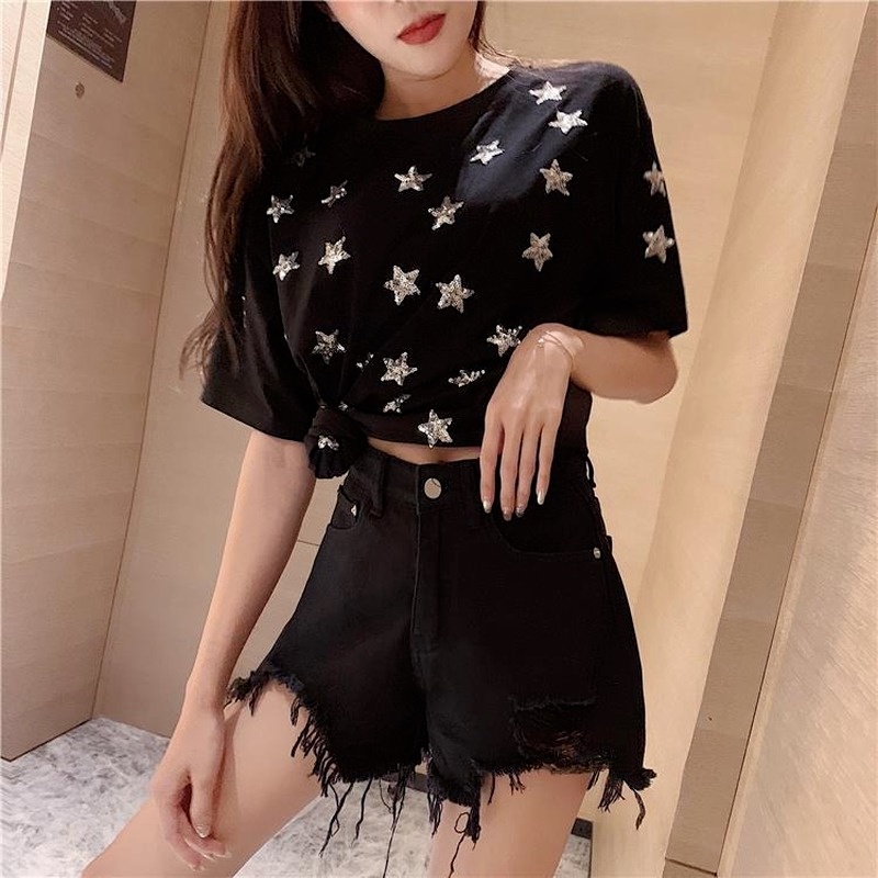 Phụ nữ Quần soóc denim Chân rộng Thời trang Mỏng Sexy Cổ điển Skinny Ripped Thun eo cao Hàn Quốc Thun Mỏng Thông thường Quần jean ngắn