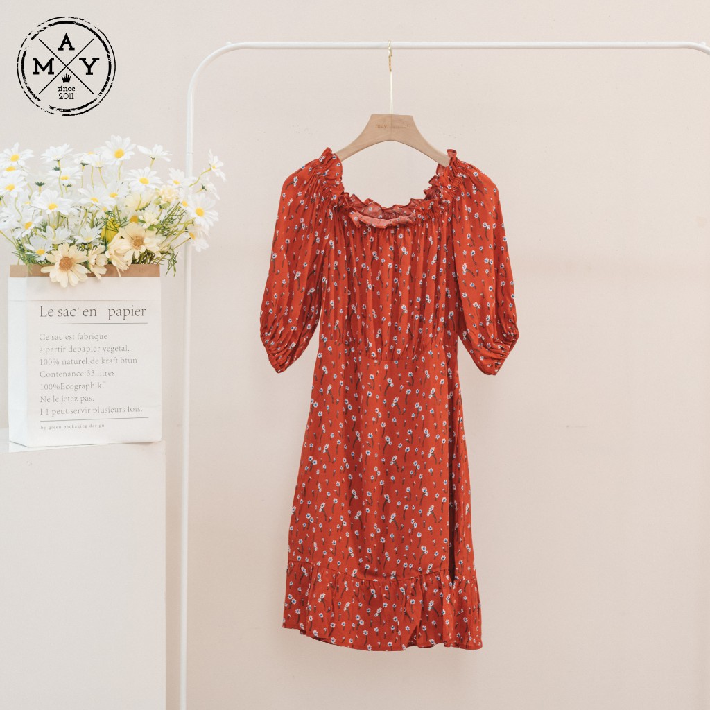 Váy Hoa Nhí, Váy Trễ Vai Dáng Xòe Thắt Eo Bo Tay Chân Váy Đuôi Cá DRESS0101-1408 MAY.SINCE201