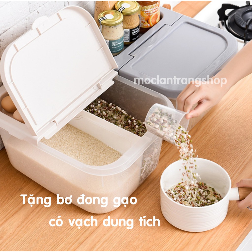 Thùng gạo 2 ngăn linh hoạt kiêm kệ để đồ nhà bếp, thùng gạo 10kg có bánh xe, hộp để ngũ cốc đồ khô chia ngăn