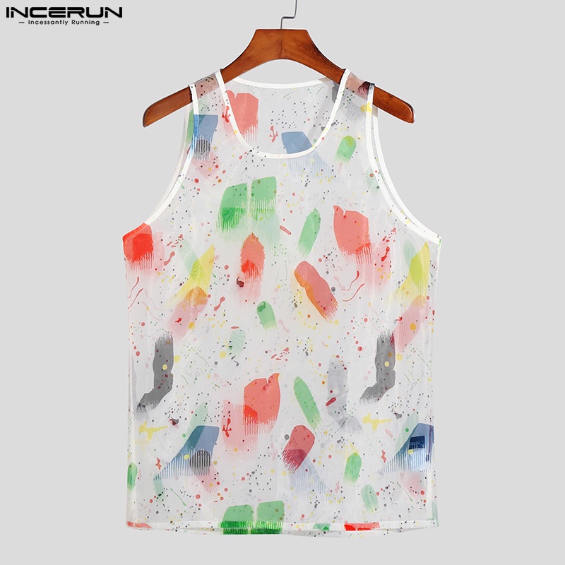 Áo ba lỗ INCERUN cổ tròn in họa tiết nhiều màu thời trang mùa hè cho nam