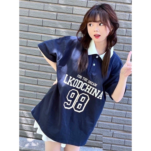 Áo polo cổ bẻ LKOD 98 màu xanh than form thụng tay lỡ unisex mùa hè mềm mịn Nhungkudostore
