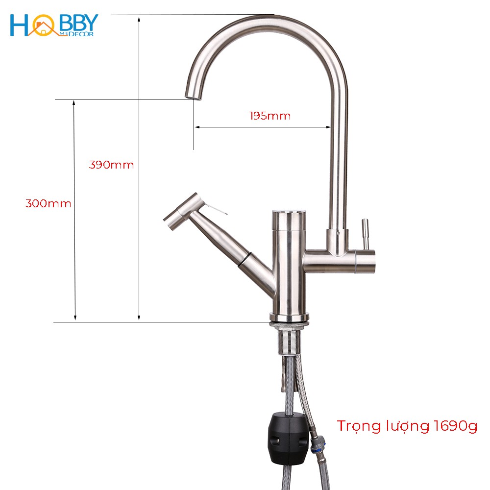 Vòi rửa chén nóng lạnh đa năng có vòi xịt rửa chậu Hobby Home Decor RCG inox 304