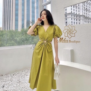 Đầm maxi thô thiết kế xoắn eo khuyên tròn thời trang