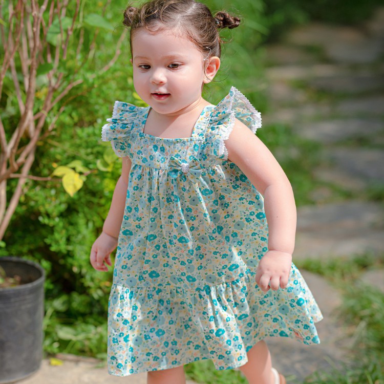 Váy bé gái Carrot, cánh tiên viền ren có nơ, họa tiết hoa nhí xanh tươi mới thumbnail
