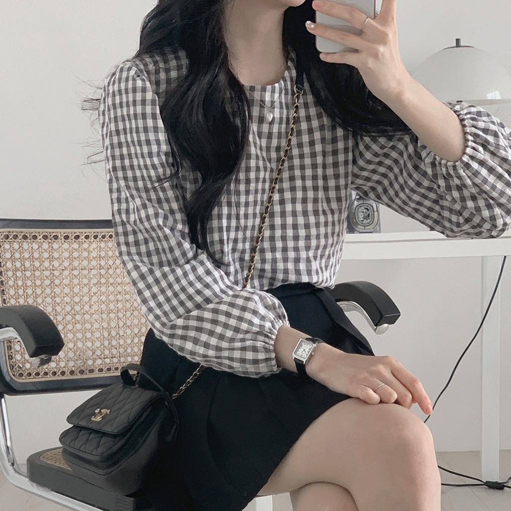 41474 Áo Sơ Mi Tay Dài Cổ Tròn Họa Tiết Kẻ Sọc Ca Rô Phong Cách Hàn Quốc