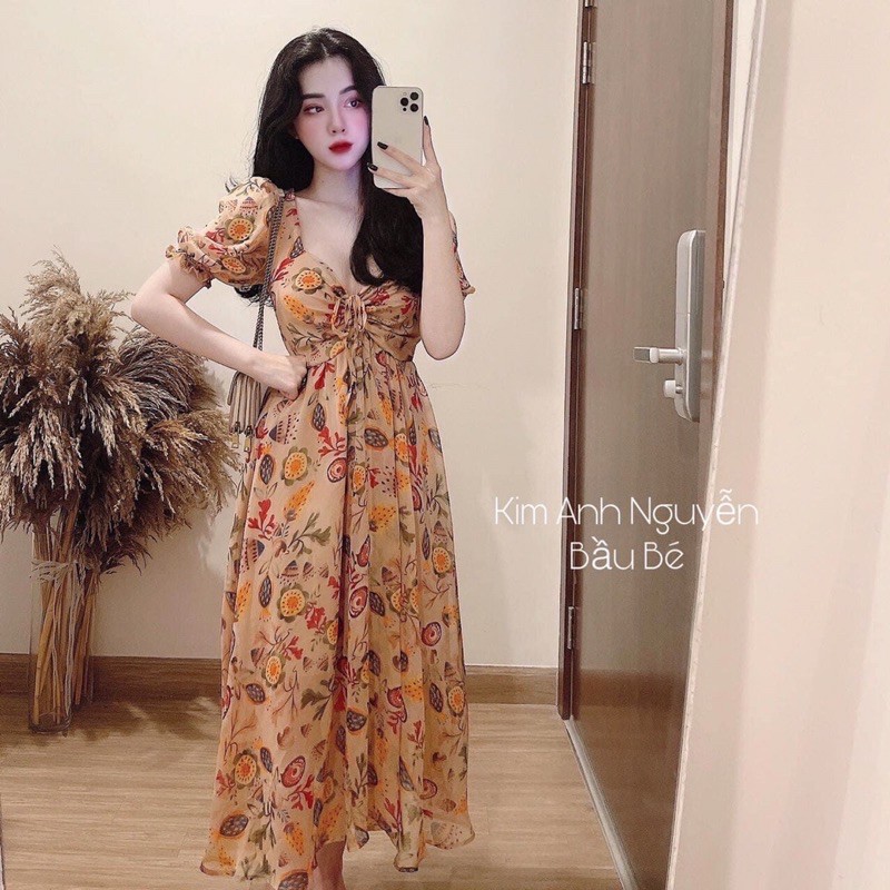 Váy hoa tơ nhún ngực 2 lớp | BigBuy360 - bigbuy360.vn