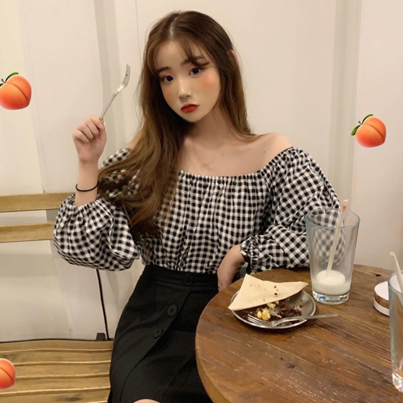 Áo sơ mi tay dài phồng dáng rộng trễ vai họa tiết sọc ca rô thời trang cho nữ