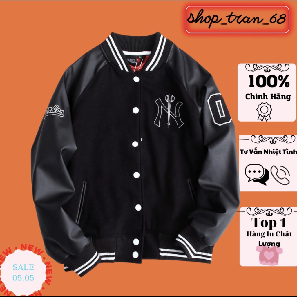Áo Khoác Bomber Nam Nữ, Thân Nỉ Tay Da NY Bóng Chày Tay Da Lộn Unisex Cực Chất