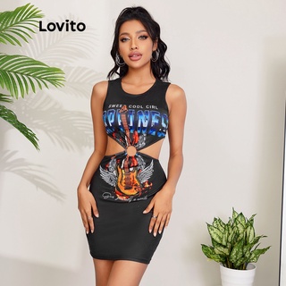Đầm Lovito phong cách thường ngày in nghệ thuật phổ biến đính khoen cắt xẻ L27LD043