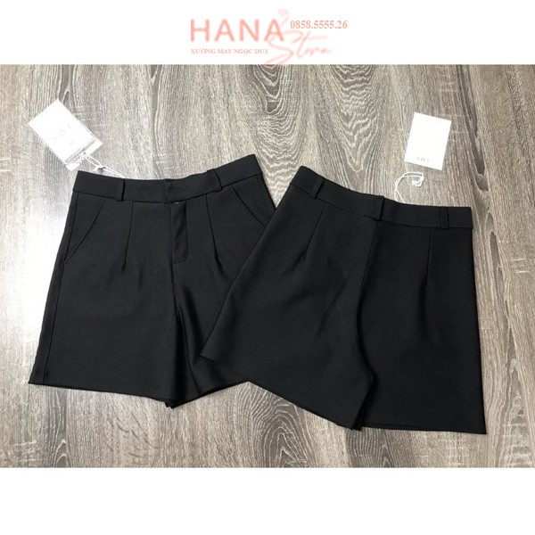 Quần short có túi khóa khuy cài đai thắt lưng ôm đùi mông màu Đen - Cạp lưng eo cao - Vải dày mềm - Quần sooc đen nữ mặc