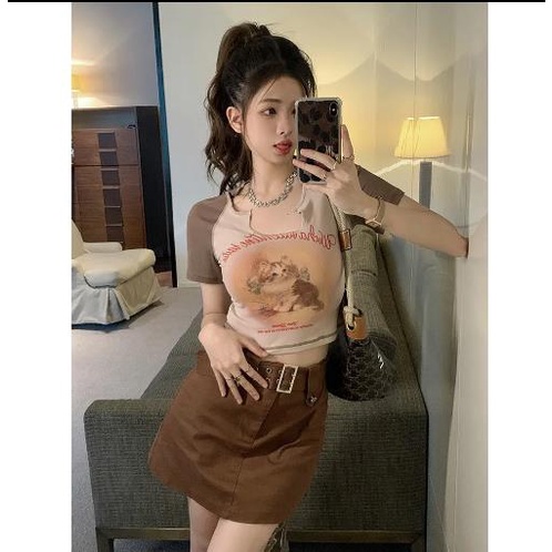 Jiashucheng Áo Thun Ngắn Tay Xẻ Tà Họa Tiết Kẻ Sọc Eo Cao Ôm Dáng Thiết Kế Mới Cho Nữ