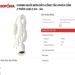 Đuôi đèn liền dây,phích,công tắc sopoka 2,5m và 5m