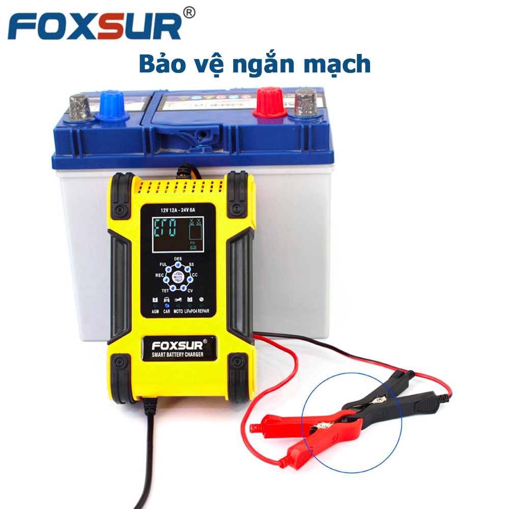 Sạc bình ắc quy 12A FOXSUR 12V 24V 6Ah - 200Ah sạc pin sắt LiFePO4 tự ngắt khi đầy khử sunfat khôi phục ắc quy