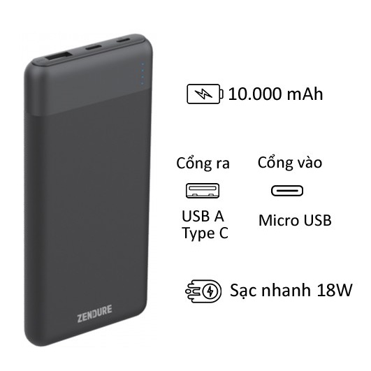 Pin dự phòng 10.000mAh 18W QC 3.0 typeC ZENDURE ZDJP221