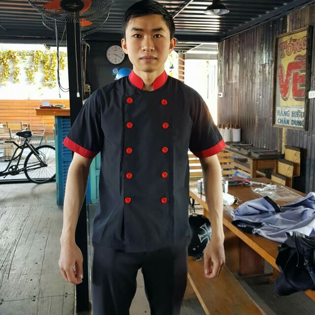 Áo bếp đen phối đỏ kate silk