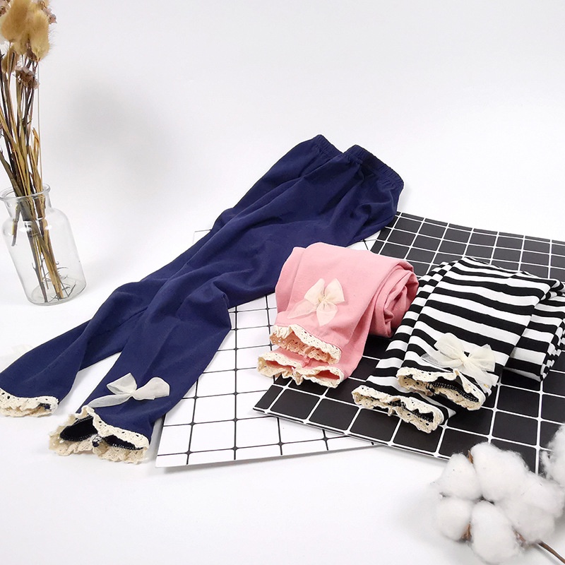Quần Legging Cotton Dài 90-140CM Ôm Dáng Phối Ren Thắt Nơ Thời Trang Xuân Thu Cho Bé Gái