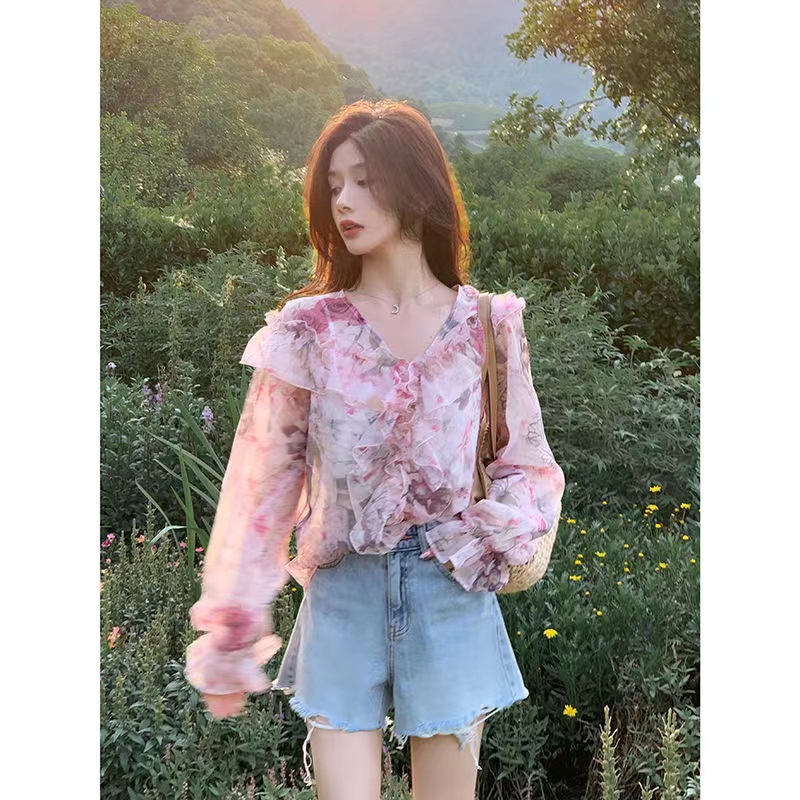 Áo Sơ Mi Voan Tay Dài Họa Tiết Hoa Phong Cách Vintage Hàn Quốc Cho Nữ