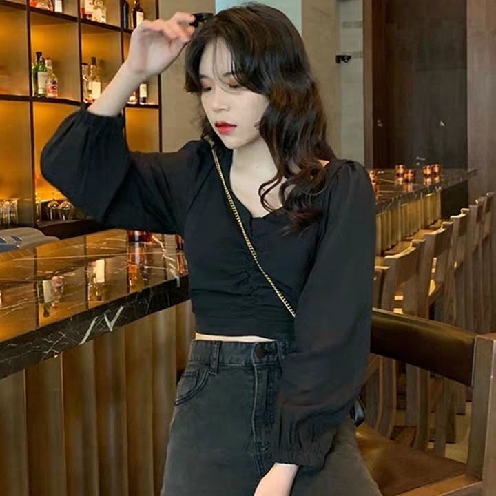 Áo kiểu ngắn tay dài màu đen phong cách Hàn Quốc dành cho nữ