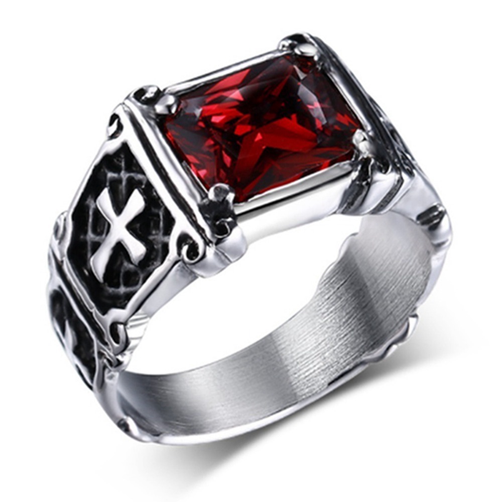 Nhẫn hợp kim khắc chữ thập đính pha lê đỏ/đen phong cách gothic cổ điển thời trang cho nam