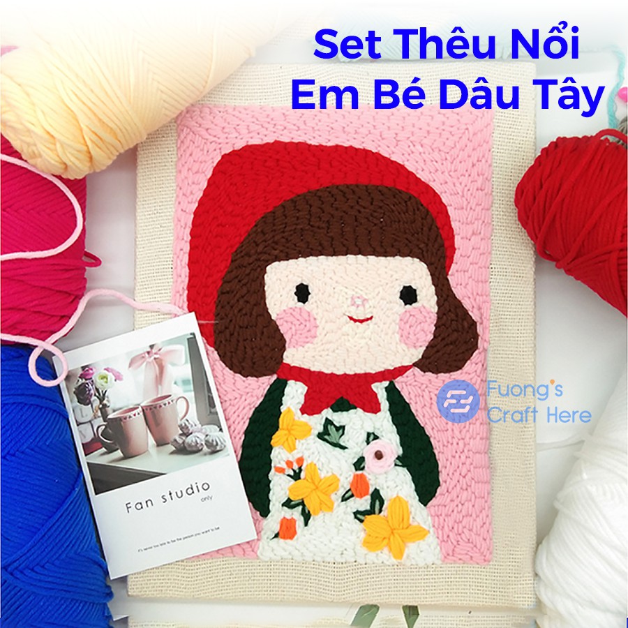 Set Thêu Nổi Thêu Len Xù Em Bé Dâu Tây Dành Cho Người Mới Bắt Đầu, Punch Needle Set Strawberry Girl for Beginners