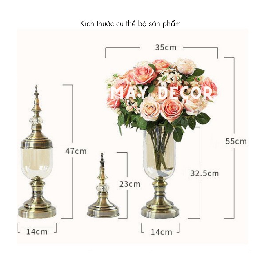 Trọn Bộ Lọ Hoa Thủy Tinh Cao Cấp, Bình Cắm Hoa Đế Kim Loại Cổ Điển Sang Trọng | MAY Decor