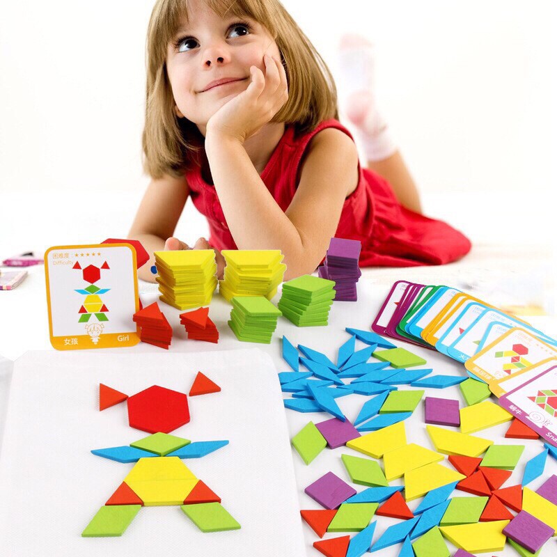 Bộ ghép hình Pattern Block bằng gỗ 155 chi tiết, sáng tạo, phát triển trí tuệ cho bé