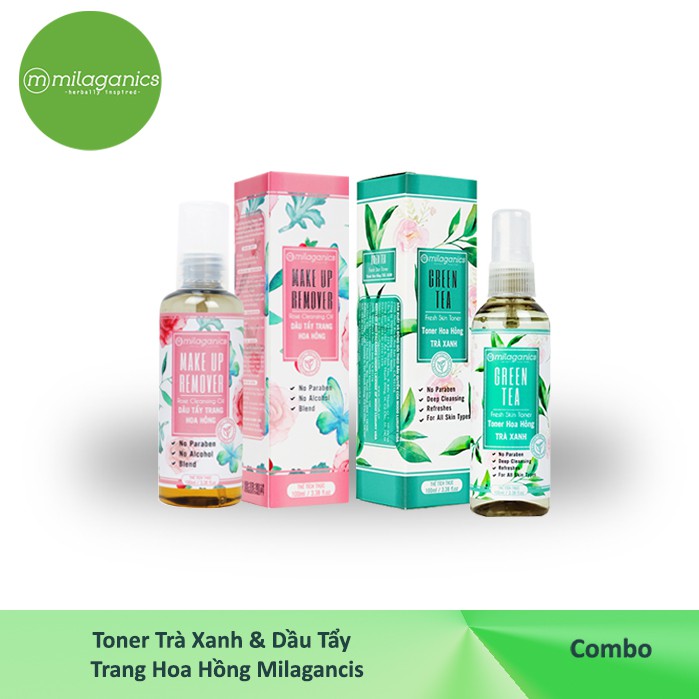 COMBO TẨY TRANG Toner Trà xanh 100ml+ Dầu Tẩy trang Hoa hồng MILAGANICS 100ml