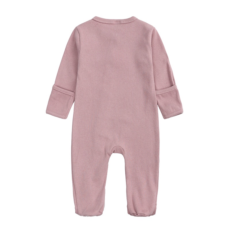 Bộ Áo Liền Quần Tay Dài Màu Trơn Chất Liệu Cotton Cho Bé 0-12 Tháng Tuổi