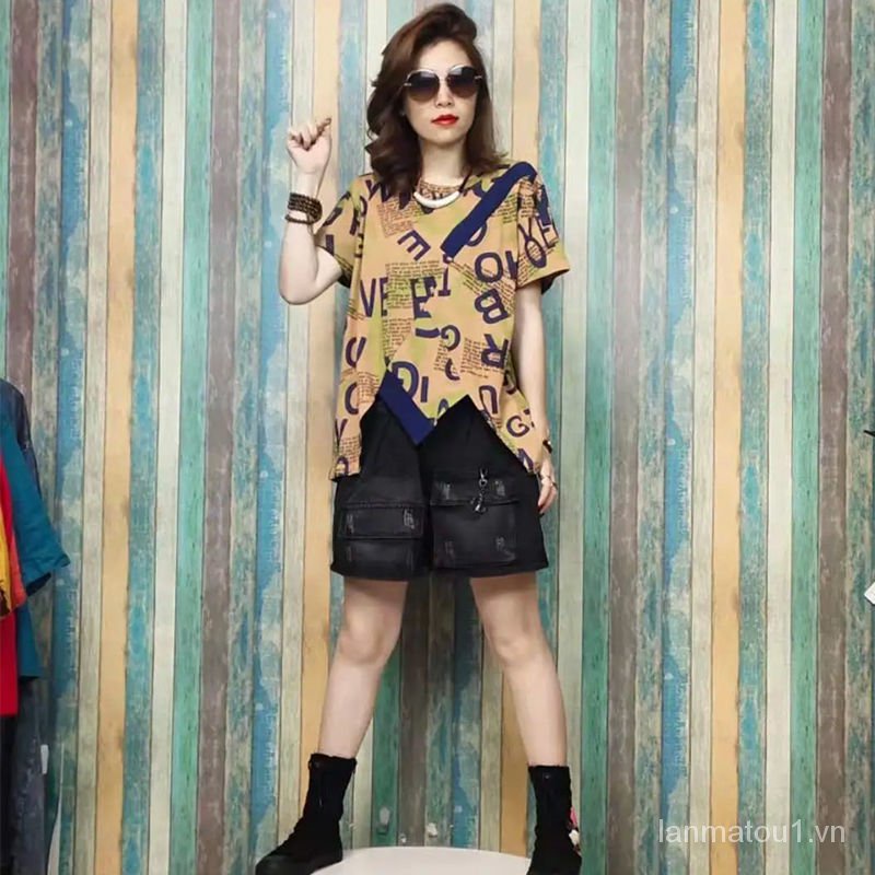 European Leg2021Summer New Loose Printed Letter Irregular Short SleeveTT-shirt Denim Shorts Suit for Women