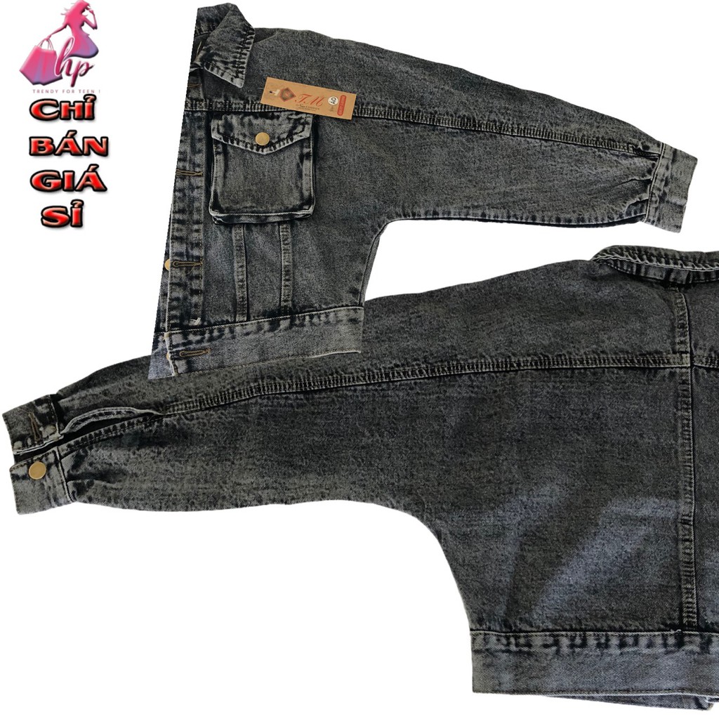 áo khoác jeans nữ form lửng cao cấp tay dài phối túi hộp màu muối tiêu cổ bẻ mẫu mới thời trang 2021