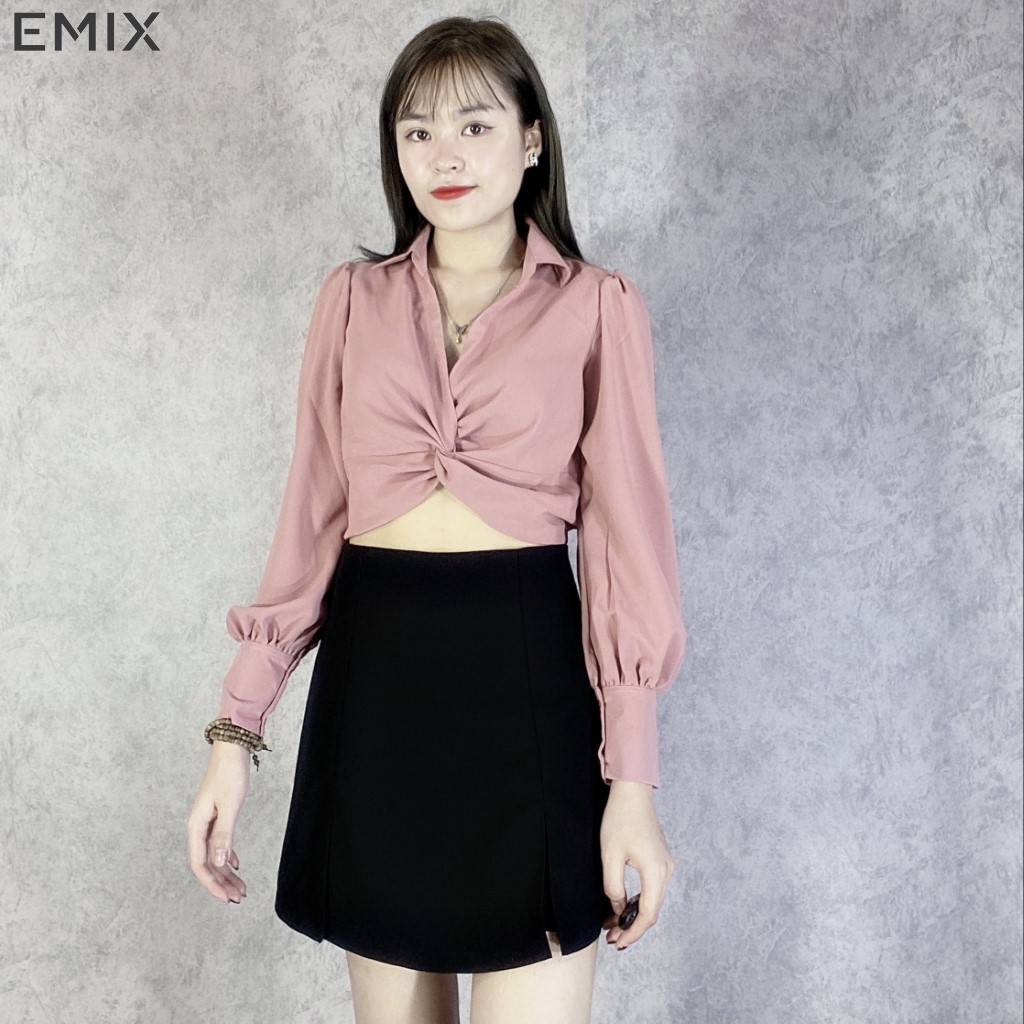 Áo sơ mi nữ xoắn eo EMIX (màu hồng), croptop, dài tay, không có cúc, bồng, vải lụa, mềm mịn, không nhăn