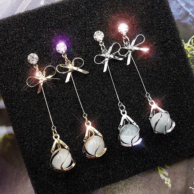 Khuyên Tai Dài Đính Đá Opal Hình Tròn Đơn Giản Dành Cho Nữ