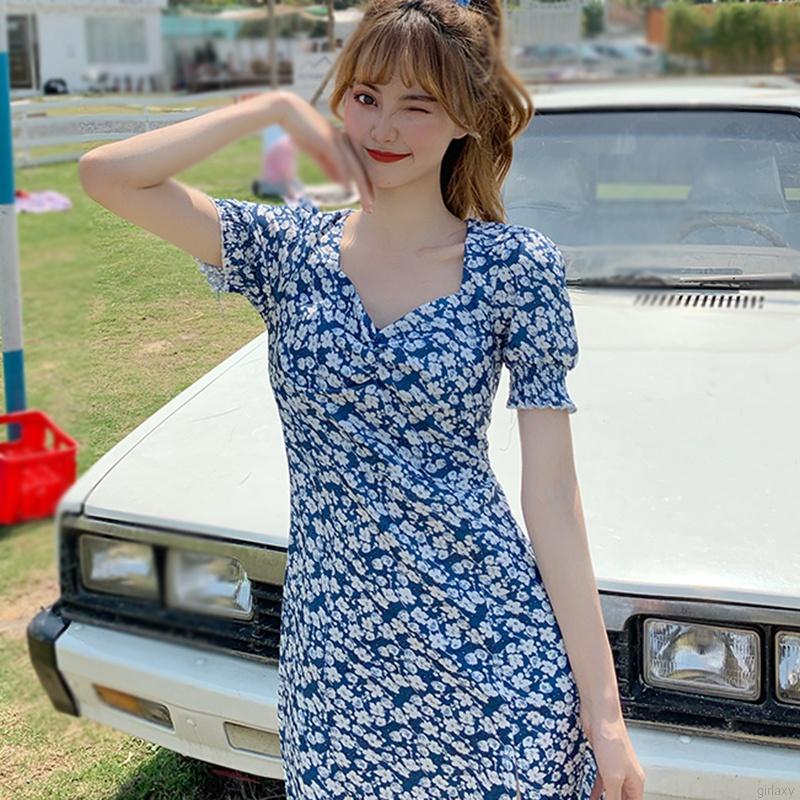 Đầm Nữ Dài Tay Cổ Chữ V In Hoa Thời Trang Hàn