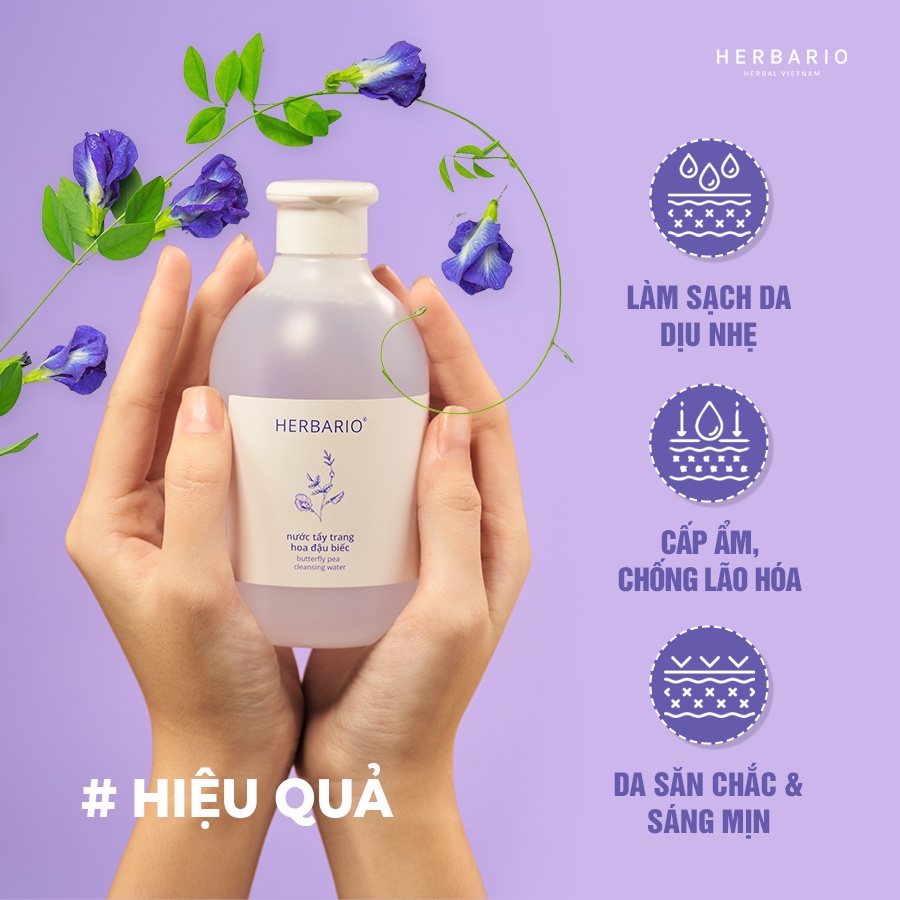 Bộ 3 Hoa Đậu Biếc Herbario chống lão hóa da: Nước tẩy trang 300ml + Toner 200ml + Sữa rửa mặt tạo bọt 100ml