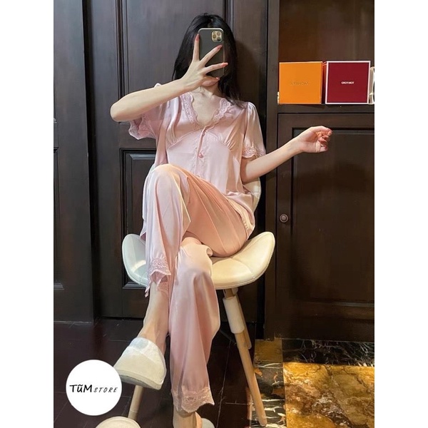 Bộ lụa cộc quần dài phối ren 3 màu hồng đen be cho nữ