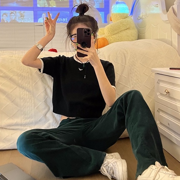 Áo thun ZHELIHANGFEI dệt kim tay ngắn cổ tròn dễ phối đồ hợp thời trang cho nữ