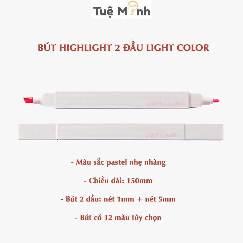 Bút highlight 2 đầu Light Color màu pastel VPPTUEMINH, bút ghi chú HI06 tặng kèm sticker