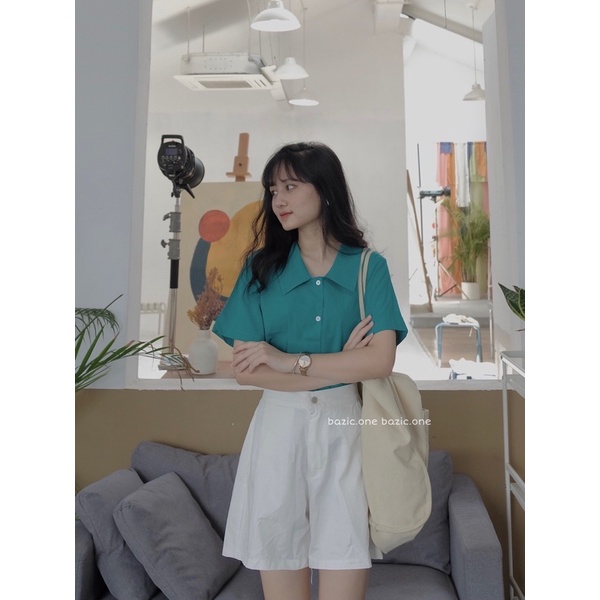 Áo sơ mi thô cộc tay cổ nhọn Bazic one