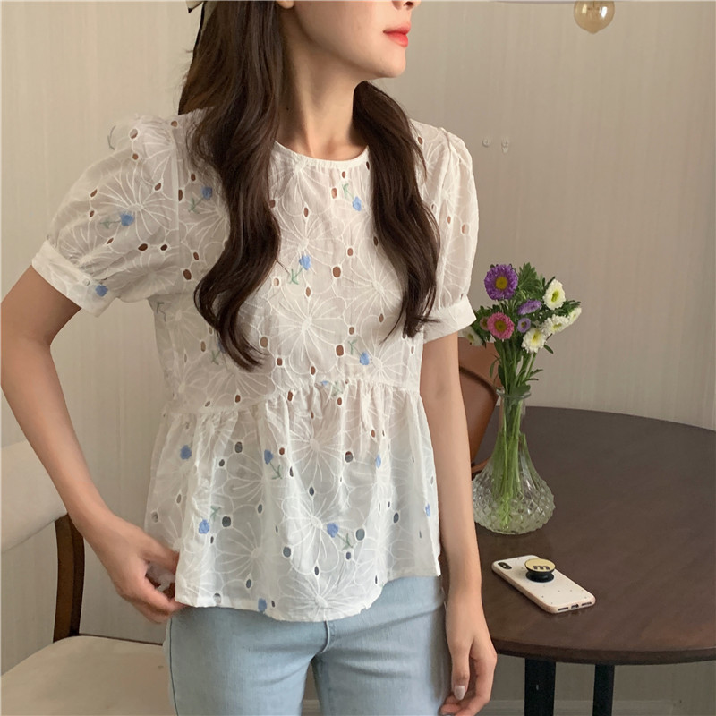 SUXI Áo Thun Tay Ngắn Cổ Tròn Thêu Họa Tiết Phong Cách Hàn Quốc Cho Nữ