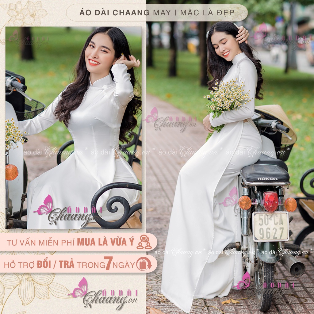 Áo dài lụa ngọc bóng_Chaang_May sẵn áo truyền thống 4 tà, vải lụa màu đỏ/trắng cao cấp