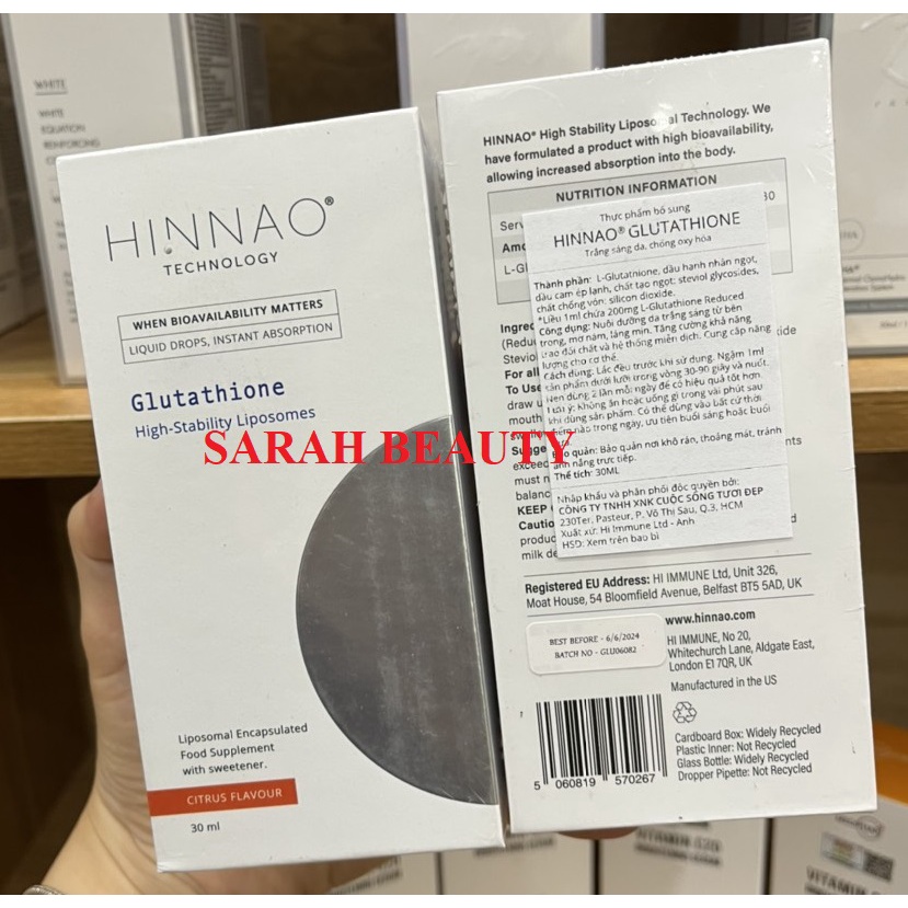 [CHÍNH HÃNG]  Siro ngậm trắng da, chống oxy hóa Hinnao Glutathione 30ml