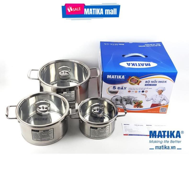Bộ nồi inox 5 đáy,nồi inox cao cấp Matika MTK-C5 dùng được bếp từ,hiện đại,bảo hành 12 tháng
