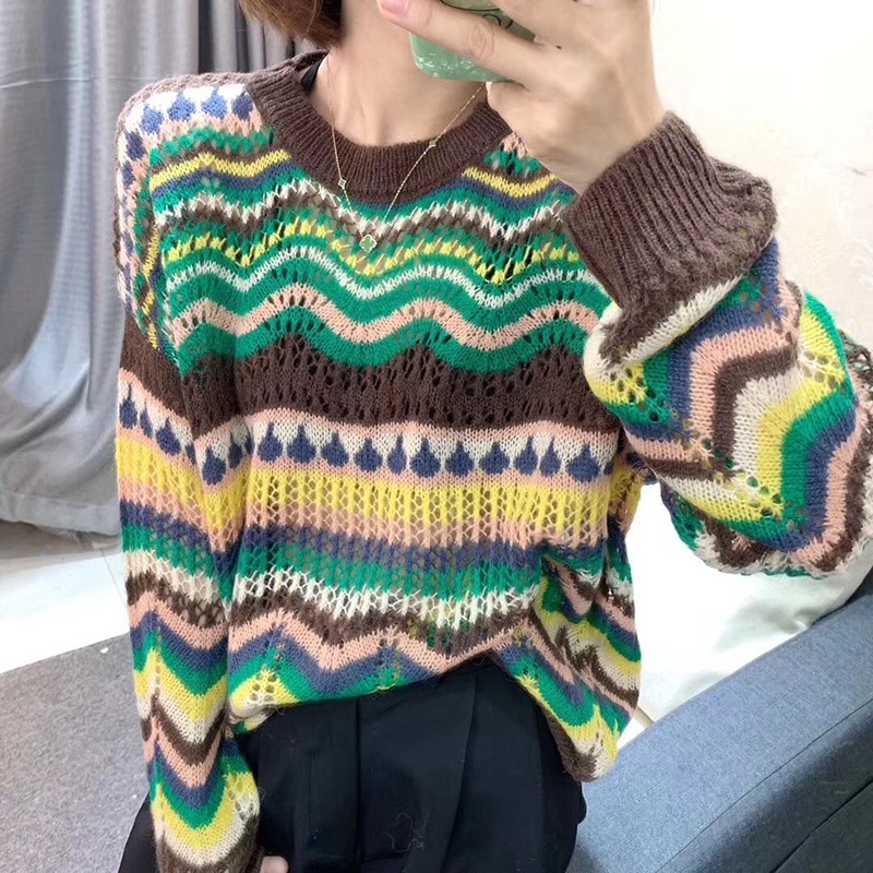 IELGY Áo sweater dệt kim mỏng dáng rộng kiểu retro phương Tây cá tính