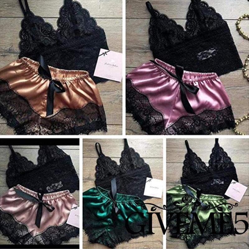 Set Đồ Ngủ Lụa Satin Phối Ren Quyến Rũ Cho Nữ