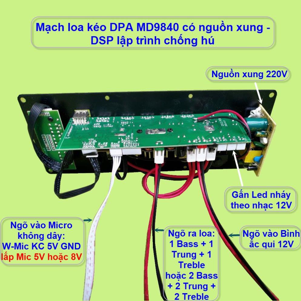 Mạch loa kéo DSP lập trình chống hú IC MD9840 công suất 130W – 150W có nguồn xung 220V - Karaoke và Guitar điện