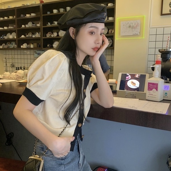 [Hana And Alice] Áo Cardigan Dệt Kim Tay Ngắn Phồng Cổ Chữ V Thời Trang Trẻ Trung